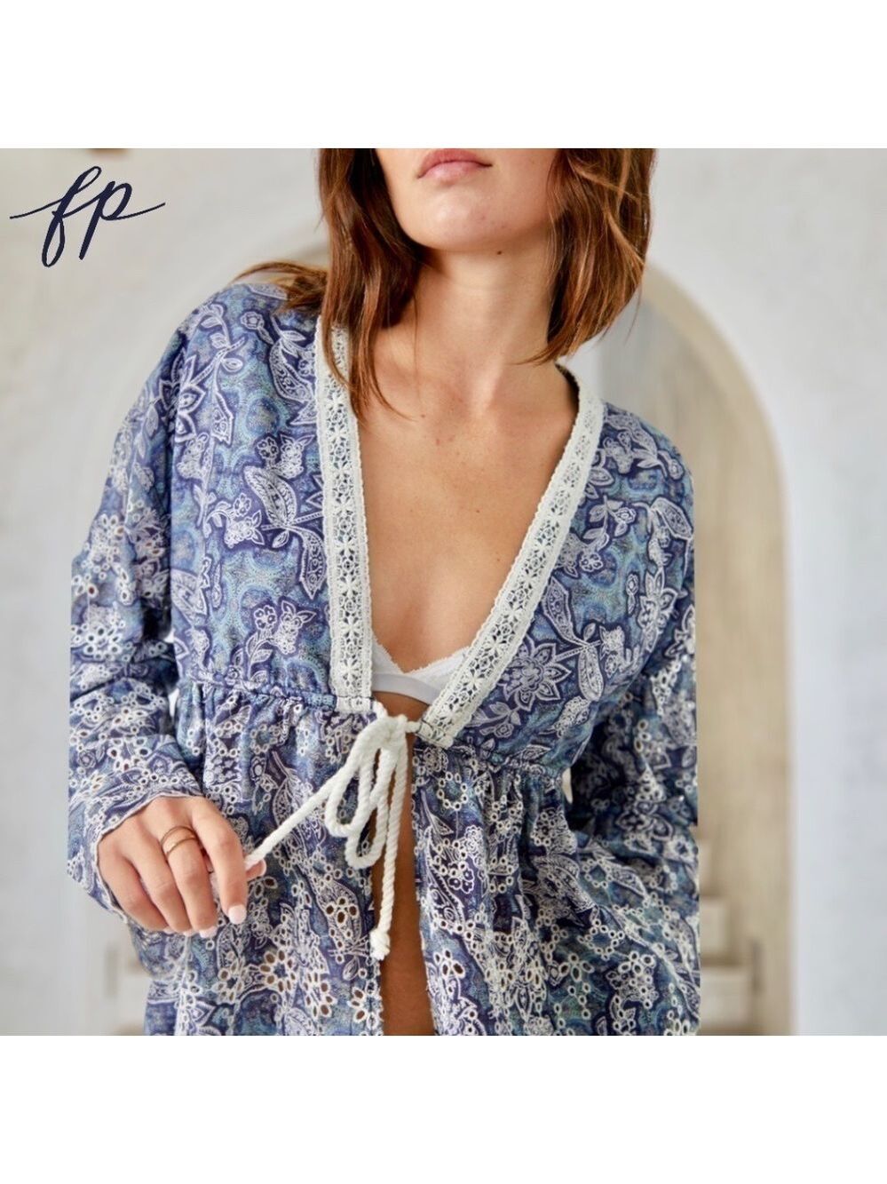 FREE PEOPLE NWT Anissa Floral-Print Eyelet/Embroidered Tie-Front Bed Jacket/Lg - Picture 5 of 14